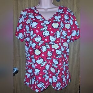 Hello Kitty Sanrio Medical Scrub Top Shirt Red And Pink Cat Size M